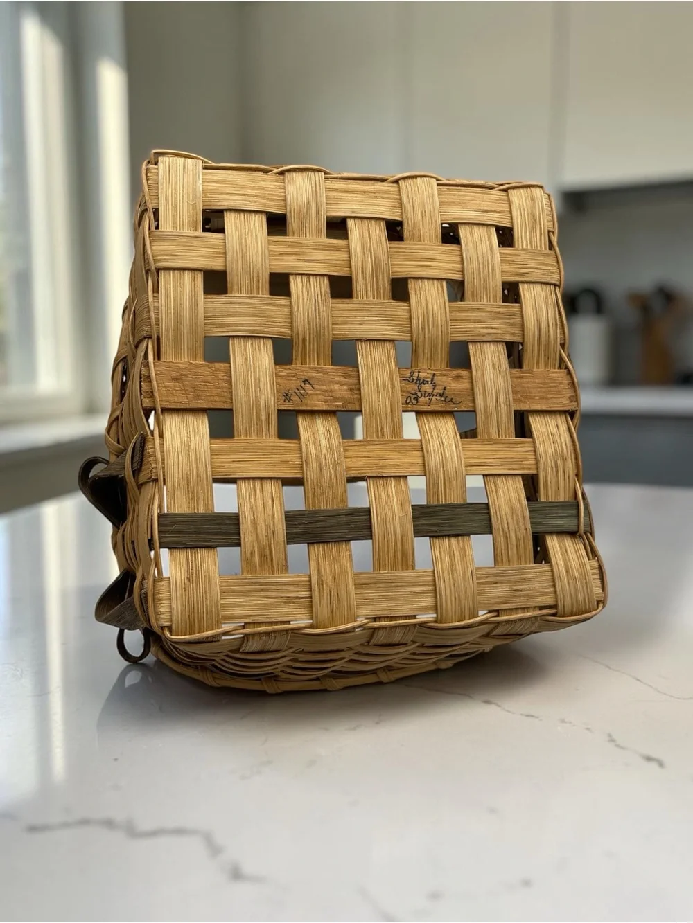 Vintage Handwoven Wood Splint Gathering Basket with Fixed Handle & Bow Accent Sm